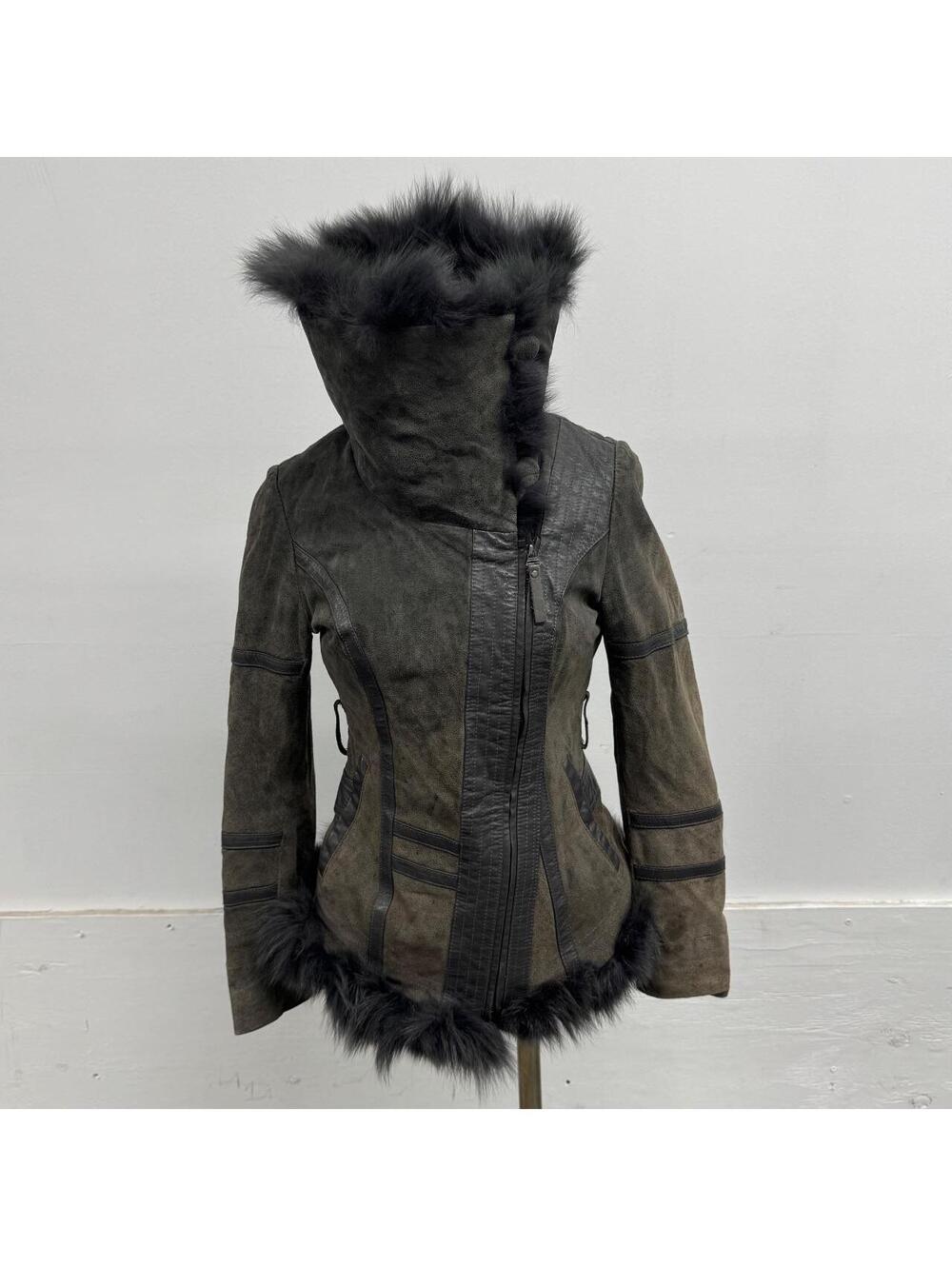Vintage ONLY Grey Suede Funnel-Neck Fox Fur Jacket - Picture 3 of 8